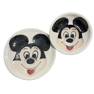 Vintage Mickey Mouse Hand Painted Ceramic Plate and Bowl Set